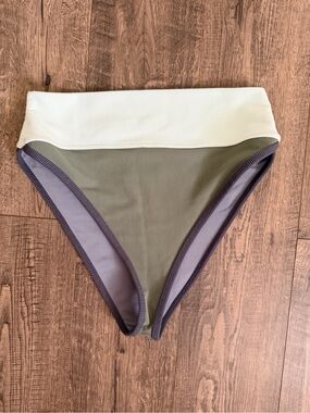 Beach Riot Olive Ribbed High-Waist Bikini Bottom with light blue-ish Waistband
